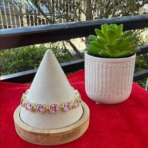 Gold-Tone Bracelet with Pink Square Gemstones